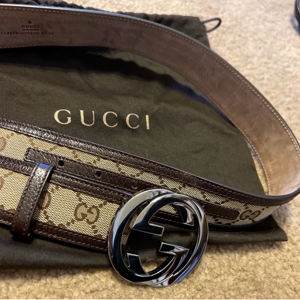 Gucci Brown and Beige Monogram Belt with Silver Logo Buckle